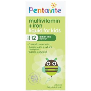 Pentavite Multivitamin + Iron Kids Liquid Lemon Lime 200ml NEW