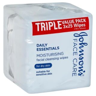 Johnson's Face Care Moisturising Facial Cleansing Wipes For Dry Skin 3 x 25 Pack