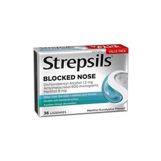 Strepsils Plus Blocked Nose Relief Throat Lozenges Menthol Eucalyptus 36 Pack