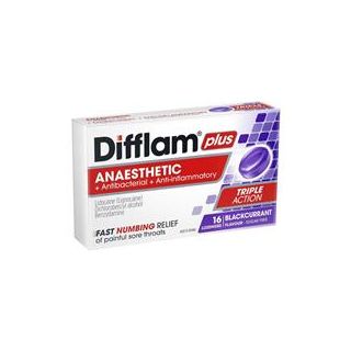 Difflam Plus Anaesthetic Sugar Free Blackcurrant 16 Lozenges