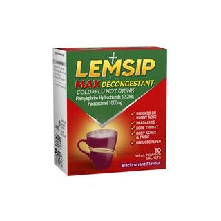 Lemsip Max Cold & Flu Hot Drink with Decongestant Blackcurrant 10 Sachets
