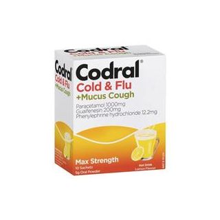 Codral Cold & Flu + Mucus Cough Max Strength Hot Drink Oral Powder Lemon 10 Pack