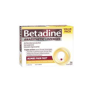 Betadine Sore Throat Lozenges Anaesthetic Honey & Lemon Flavour 36 Pack