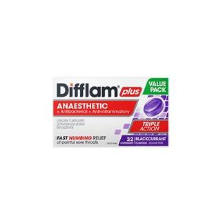 Difflam Plus Anaesthetic Sugar Free Blackcurrant 32 Lozenges