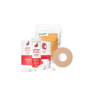 Glucology 25 Pack CGM Patches + 12 Tubes of Glucochews 25 Pack CGM Patches for Freestyle Libre (Beige) + 12 Tubes of Glucochews (Raspberry)
